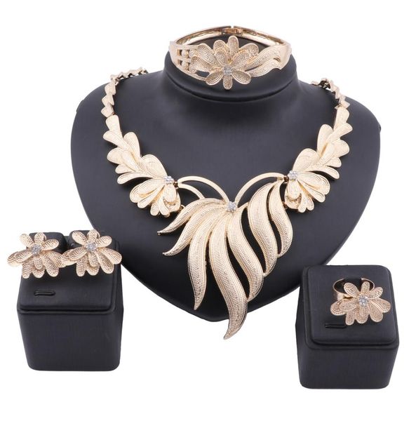 

new flowers african beads jewelry set gold color crystal women wedding necklace bangle earring ring set3575801, Slivery;golden