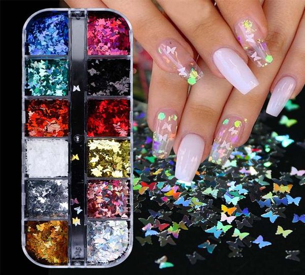 

12 in 1 set 3d butterfly slice nail sequins flakes holographic iridescent glitter nail art decoration colorful manicure ch15581680485, Silver;gold