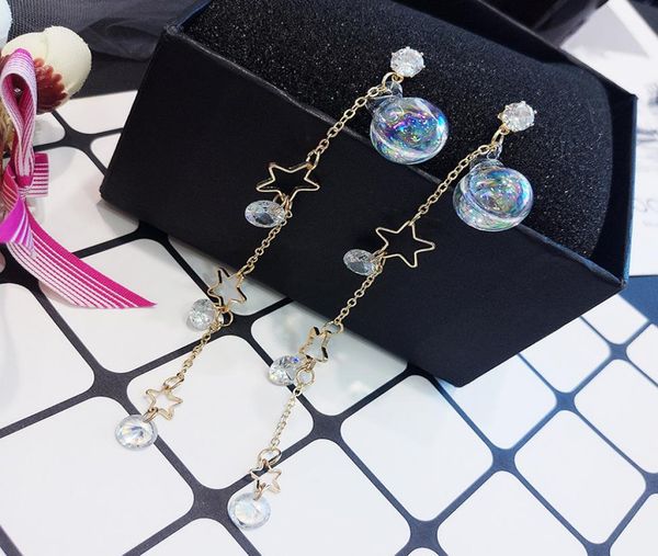 

super fairy water ball earrings temperament long star tassel net red earrings glass ball female earrings whole7253698, Golden
