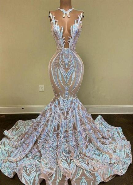 

2022 sparkly sequins olive green mermaid african prom dresses black girls jewel neck illusion long graduation dress plus size6569325