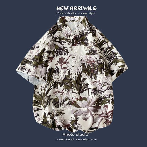 

fashion summer brand flower shirt men's trend hawaiian short sleeve shirt thin youth casual couple clothesstussys 14mm, White;black