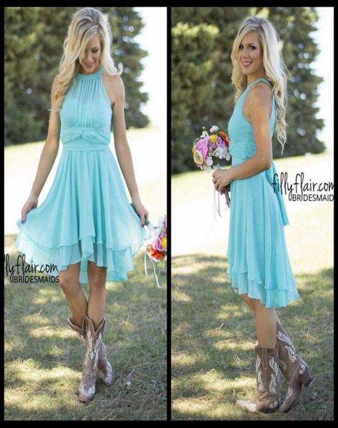

2020 beach country style turquoise high low bridesmaid dresses crew neck ruffled chiffon mini dress beach wedding party dresses6179079, White;pink