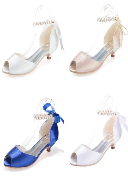 

white blue ivory champagne satin evening bridal shoes imitation pearls pumps 35cm low heels peep toe bride dance party shoe6407394, Black