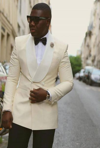 

new fashion ivory groom tuxedos shawl lapel doublebreasted groomsmen men business formal suit party prom suitjacketpantsbows t1869408, Black;gray