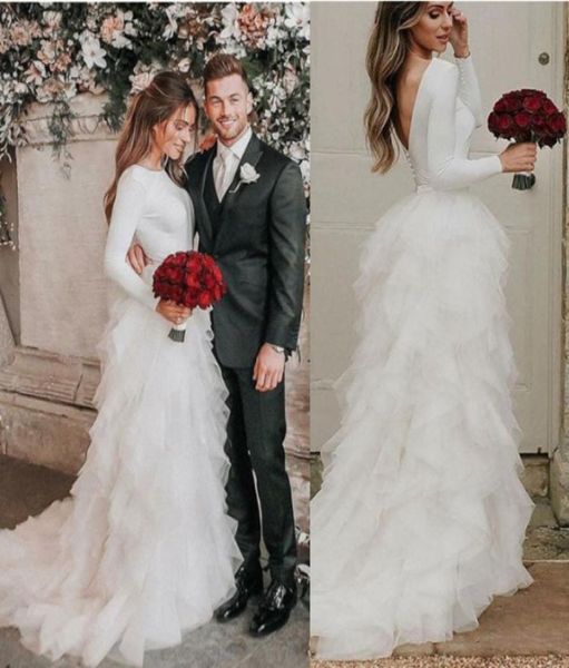 

aline backless wedding dress round neck asymmetric train tulle plus size wedding dress with long sleeves robe de mariee5706334, White