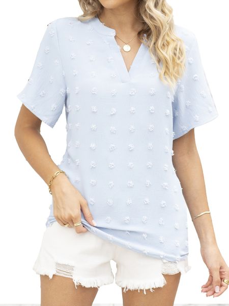 

women short sleeve jacquard ball v-neck solid chiffon for summer, White