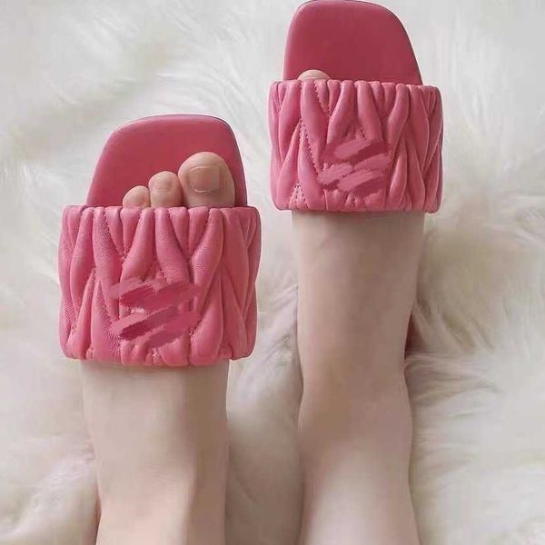 

women designer mius slide beach sandals button shoes candy color slippers women's 2023 summer new genuine leather square pleated casual