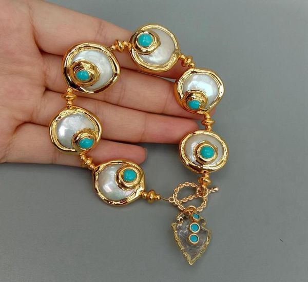 

yygem natural quartz arrowhead charm freshwater cultured white coin pearl blue crystal bracelet4351768, Golden;silver