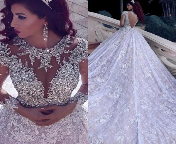 

gorgeous saudi arabic long sleeve wedding dresses beaded crystal bodies lace cathedral train plus size bridal gowns vestidos de no7030769, White