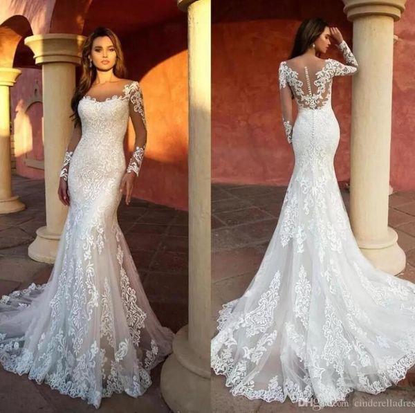 

2023 modern mermaid wedding dresses 3d appliqued lace sheer neck long sleeve bridal gowns illusion wedding dress robe de mariee gb4285387, White
