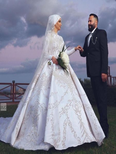 

luxury beading muslim wedding dress dubai arabic crystal long sleeve satin high neck bridal gowns custom made vestidos de novias2878165, White