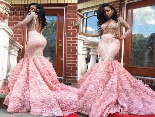 

gorgeous pink long sleeve prom dresses see through long sleeves open back mermaid evening gowns south african formal party dr8491941, Black