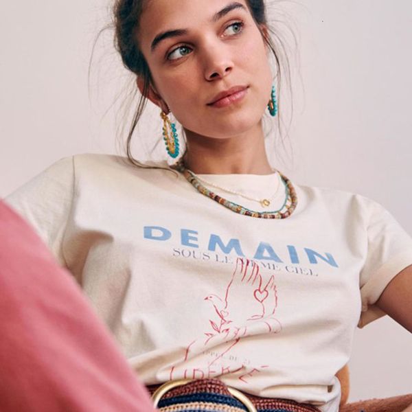 

women's tshirt demain printed graphic tees women short sleeve round neck summer casual tees retro elegant tshirt female streetwear 230, White