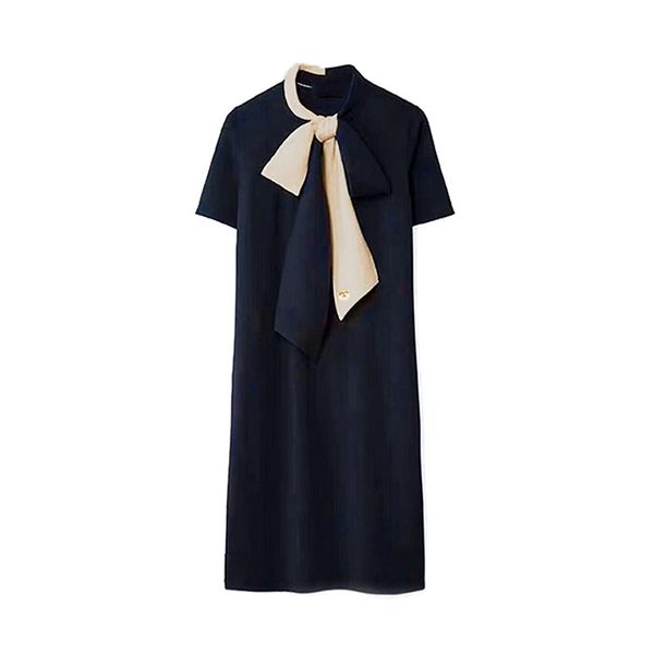 

small fragrance/butterfly * bow tie short sleeve light mature style ice silk knitting dress for women in summer long navy blue skirt, Black;gray