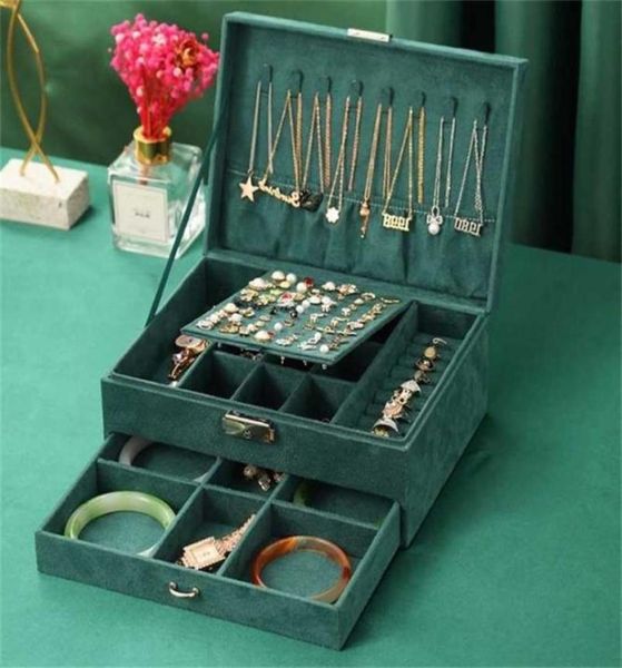 

doublelayer jewelry box green flannel multifunction organizer earring ring display necklace storage gifts 2111055266766, Black