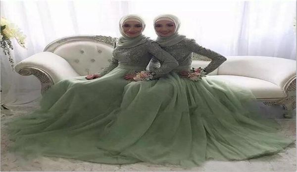 

elegant 2019 muslim bridesmaid dresses modest jewel neck long sleeves green lace and tulle arabic dresses for wedding maid of hono8762519, White;pink