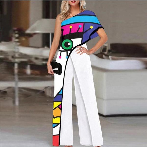 

2023 summer women's print geometric jumpsuits one shoulder loose long fashion woman's rompers bkwp001, Black;white