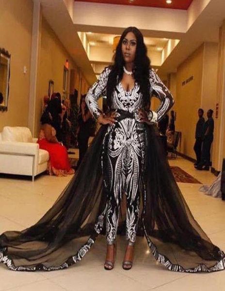 

chic black girls jumpsuits prom dresses with silver sequins lace appliques deep vneck long sleeve formal evening gowns pagea7350217