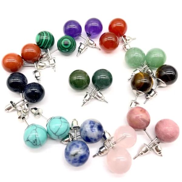 

8mm 10mm 12mm natural stone quartz crystal stud earrings tiger eye round beads simple ear handmade making jewelry for women earring, Golden;silver