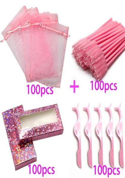 

false eyelashes 50100pcs 4 in 1 bulk eyelash packaging bag shining glitter color pink box with brushes and lash tweezers7671585