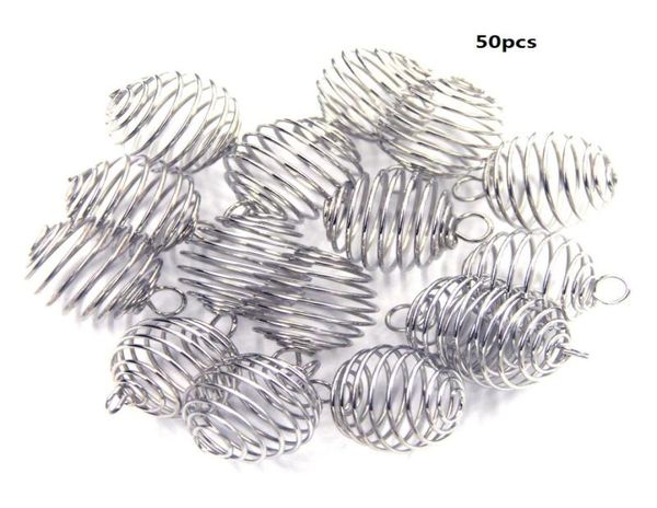 

50pcs 2530mm plated spiral bead cage charms pendants hanging hollow lantern ball spring pendant for women and men jewelry making3820768, Silver