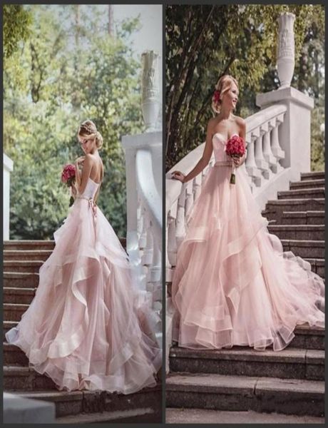 

2020 romantic blush ball gown wedding dresses ruffles organza beads lace sweetheart neck sash country outdoor wedding bridal gowns8863036, White