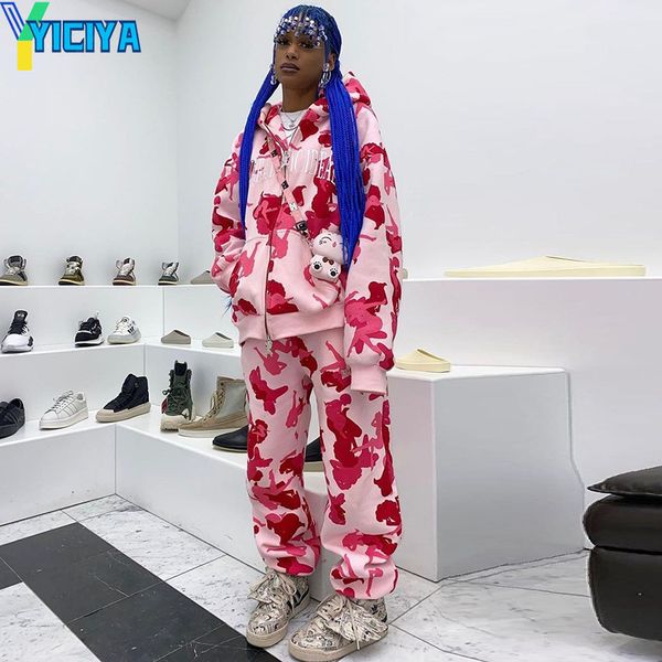 

women's tracksuits yiciya print hoodie jackets two piece pant sets women winter fall clothes outfit y2k streetwear suits joggers tracks, Gray