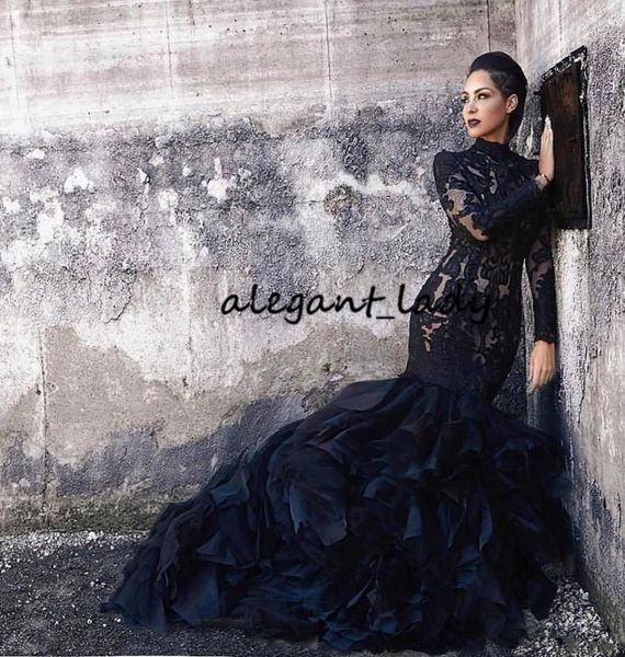 

black mermaid lace wedding dresses with long sleeves high neck ruffles skirt women non white gothic lds bridal gowns with color co7611720