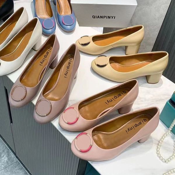 

classic dress shoes designer shoes leather thick heel high heels cowhide round head square metal buckle women high heeled boat shoe large si, Black