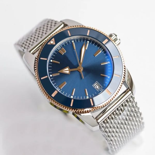 

mens watches luxury watch blue dial 46mm black dial rose gold mixed silver automatic watch stainless steel rubber strap luminous needles wri, Slivery;brown