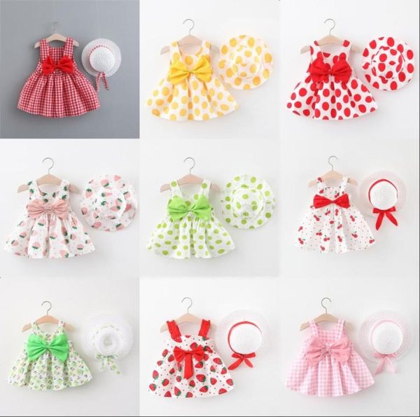 

summer newborn baby clothing sets infant girl clothes korean cute print sleeveless beach plaid strawberry dress sunhat princess dr1077082, White