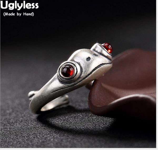 

uglyless solid 990 fine silver frog jewelry for women vividly creative frogs rings wild gemstones garnet open finger ring bijoux y7757707, Golden;silver