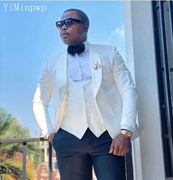 

men's suits blazers ivory wedding for men 3 pieces costume mariage homme african blazer jacket tuxedos groom wear coatvestpantsbow tie, White;black