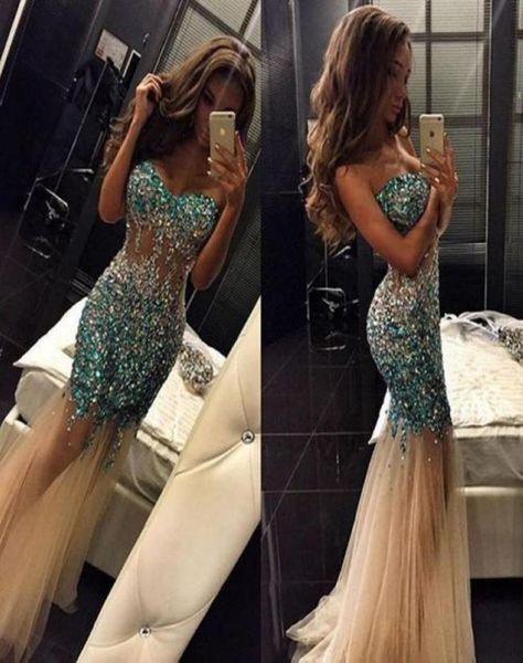 

luxury mermaid evening dresses champagne tulle sheer see through off shoulder custom made sparkly rhinestone prom dresses2953372, Black;red