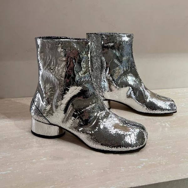 

boots spring silver tabi boots split toe chunky high heel women boots leather zapatos mujer fashion autumn women shoes botas mujer 230630, Black