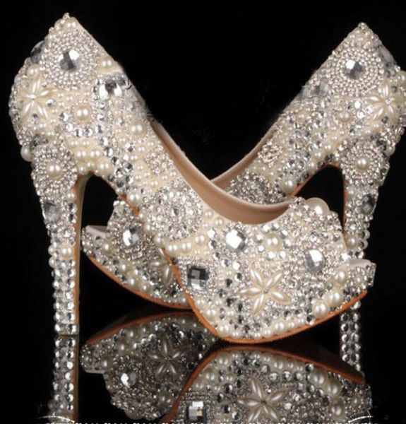 

unique ivory pearl rhinestone wedding dress shoes peep toe high heeled bridal shoes waterproof woman party prom shoes platforms ba6380384, Black