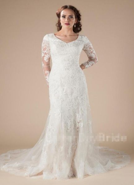 

vintage lace mermaid v neck modest wedding dresses with long sleeves v neck buttons back country lds wedding dresses formal bridal4321340, White