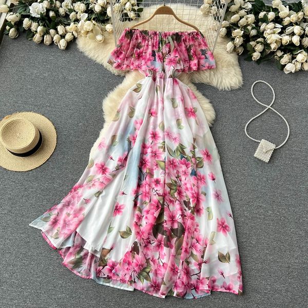 

2023 summer new style printed dress ruffle one-line neck waist large swing beach skirt split chiffon dress, Black;gray