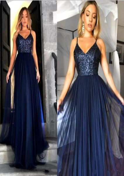 

2021 navy blue sequined evening formal dresses long with spaghetti straps tulle ruched floor length backless prom pageant go6670893, Black;red
