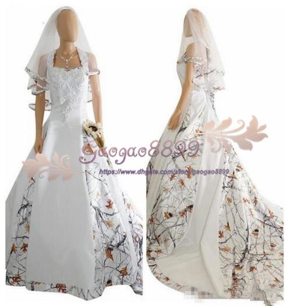 

2019 real picture white camo satin wedding dress custom lace appliques bridal gowns lace up back with veil custom long camouflage 9278628