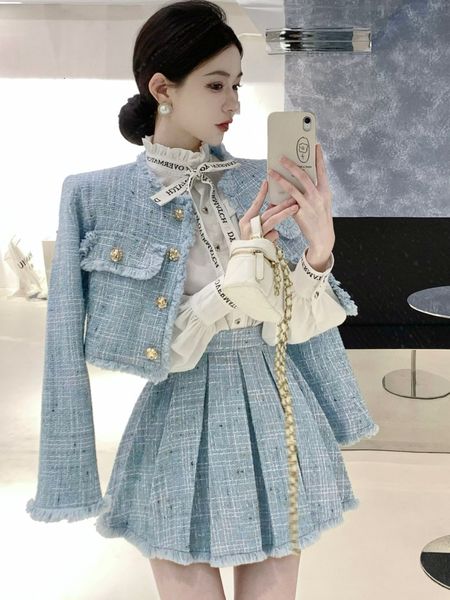 

two piece dress fashion tassel design small fragrance 2 piece sets women outfit long sleeve short jacket coat pleated skirt suits 230629, White