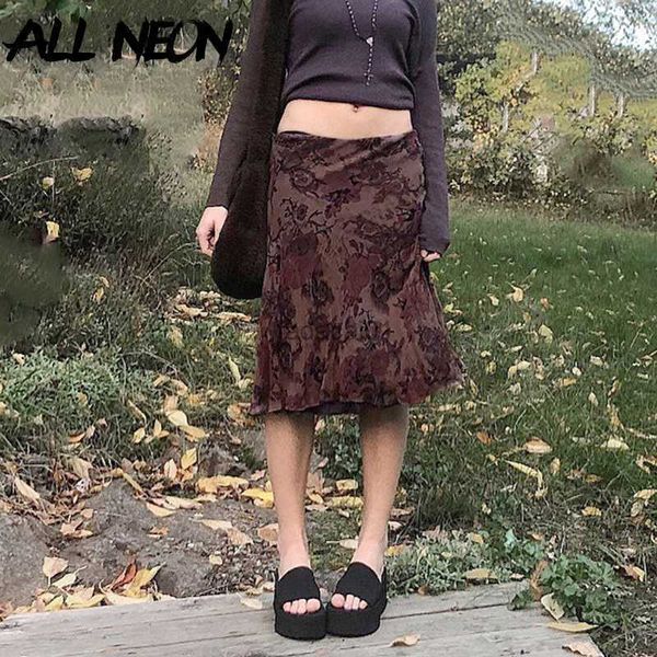 

allneon fairy grunge aesthetics brown mesh midi skirts y2k streetwear low waist printing aline skirt elfcore outfits retro fall l230621, Black