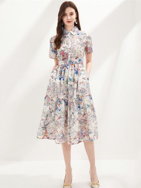 

basic casual dresses summer holiday flower shirt dress women's short sleeve turn down collar floral print chiffon belt party midi vesti, Black;gray