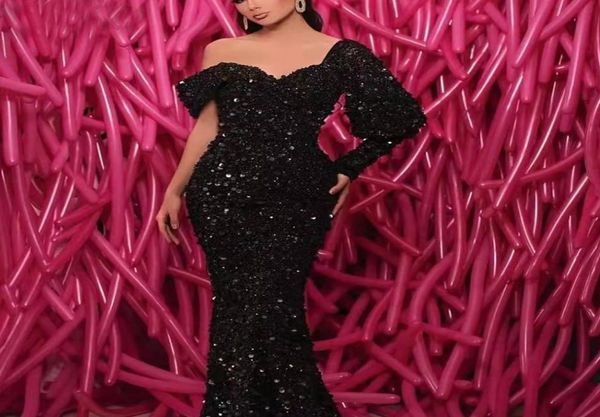 

aso ebi 2022 black mermaid sequined evening dresses glitter sparkly long formal party gowns off shoulder one sleeve prom dress cus3939765, Black;red