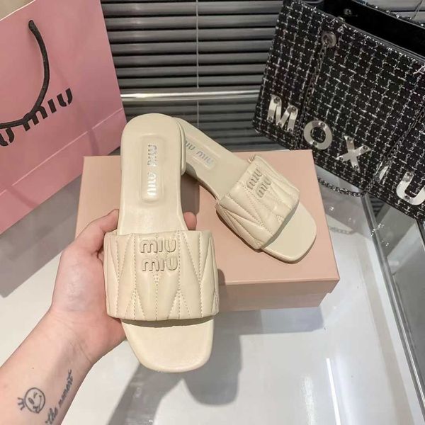 

beach shoes women slide designer sandals 2023 mius summer new casual square headed step open toe wearing pleated lazy flat bottom slippers f