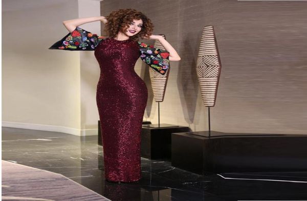 

gorgeous vintage sequins mermaid evening dresses floor length back split embroidery half sleeve formal prom gowns myriam fares par9362959, Black;red