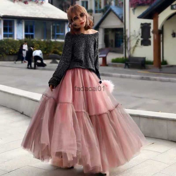 

winter vintage gothic pleated long tulle skirt tutu femme high waisted runway mesh long skirts korean fashion clothing q661 l230621, Black