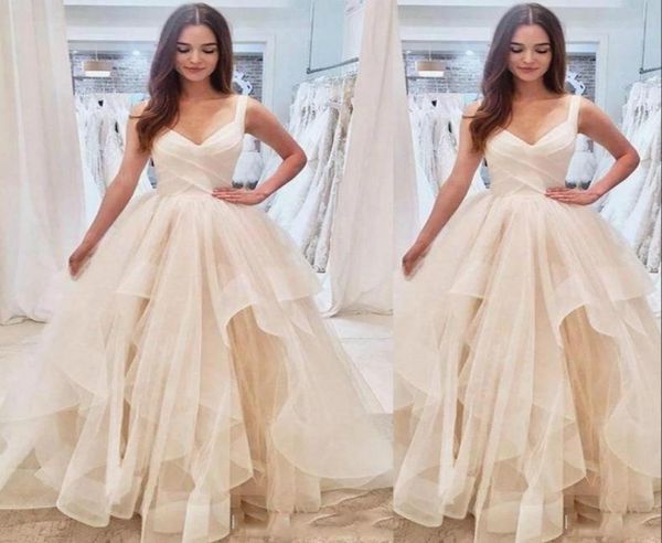 

country new a line wedding dresses summer beach spaghetti straps v neck ruffles tiered tulle plus size ball gown formal brid1816503, White