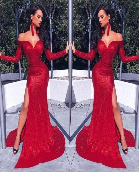 

2020 red off shoulder sequined mermaid long prom dresses long sleeves split floor length formal evening dresses robes de soir9651383, Black