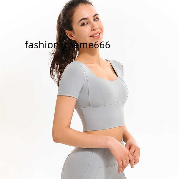 

l-038 women's padded yoga sports bra short sleeve fitness suit gym clothes women underwear u back tight elastic yoga running t-shirt, White